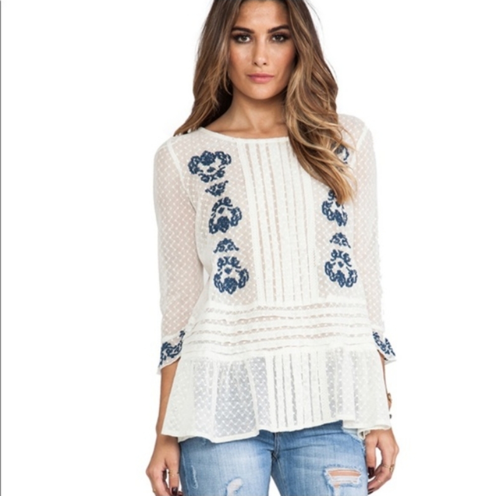 Free People Jocelyn Embroidered Sheer Ivory Top Sz Small